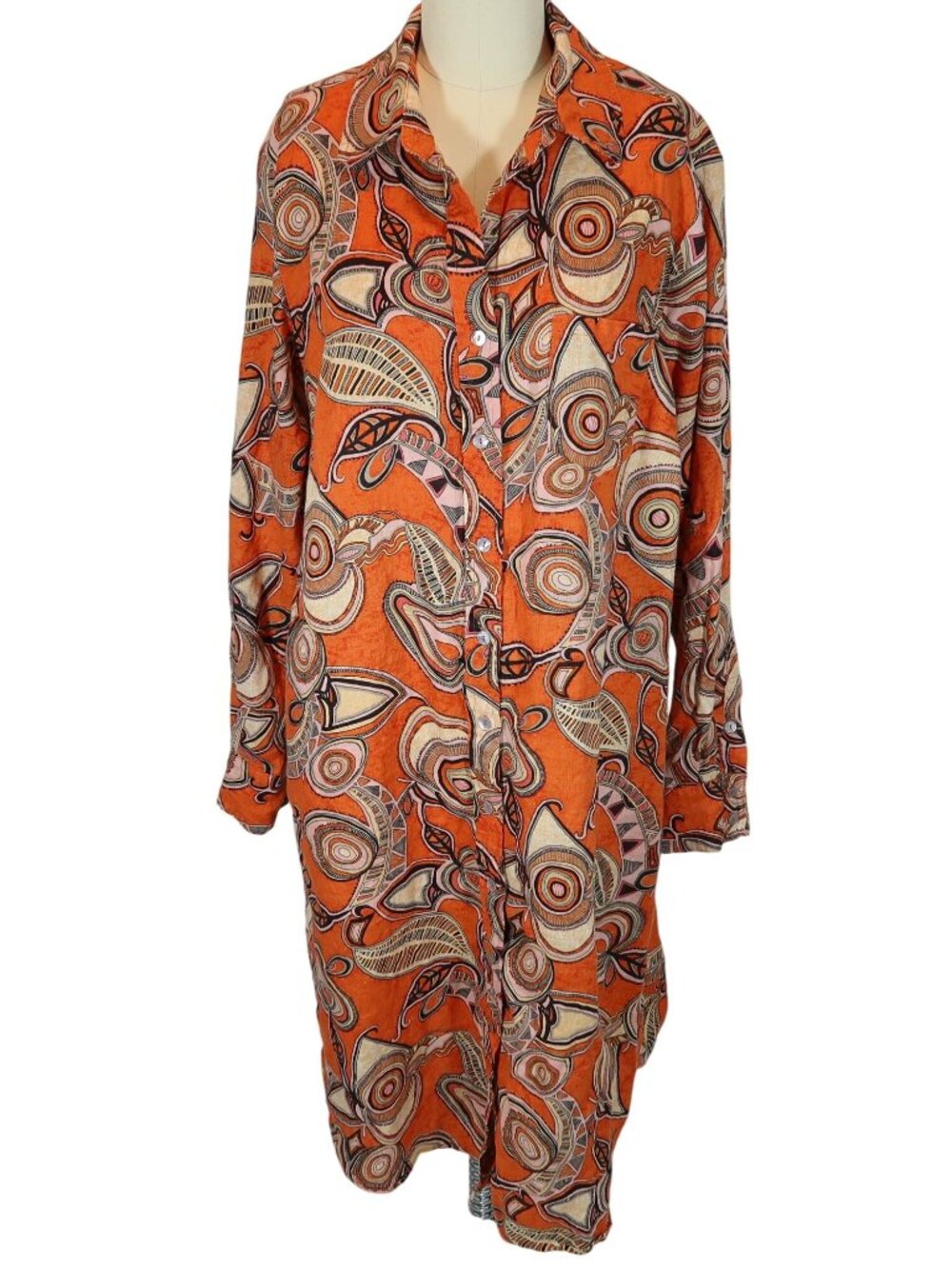 MAGASCHONI 100% Linen Midi Shirt Dress Size XL Shift Preppy Colorful Abstract